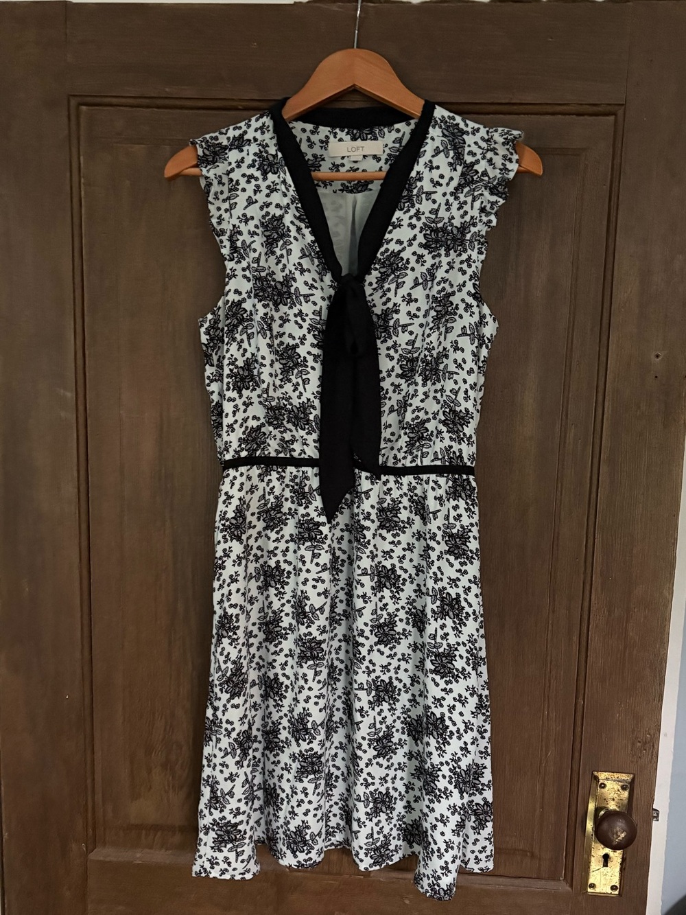 LOFT Black & Light Blue Floral Tie-Front Midi Dress